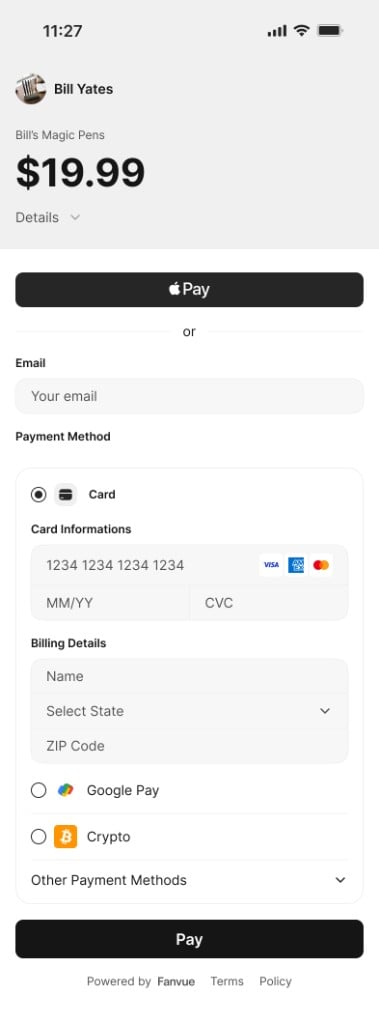 Fanvue mobile checkout showing seller, price and Apple Pay